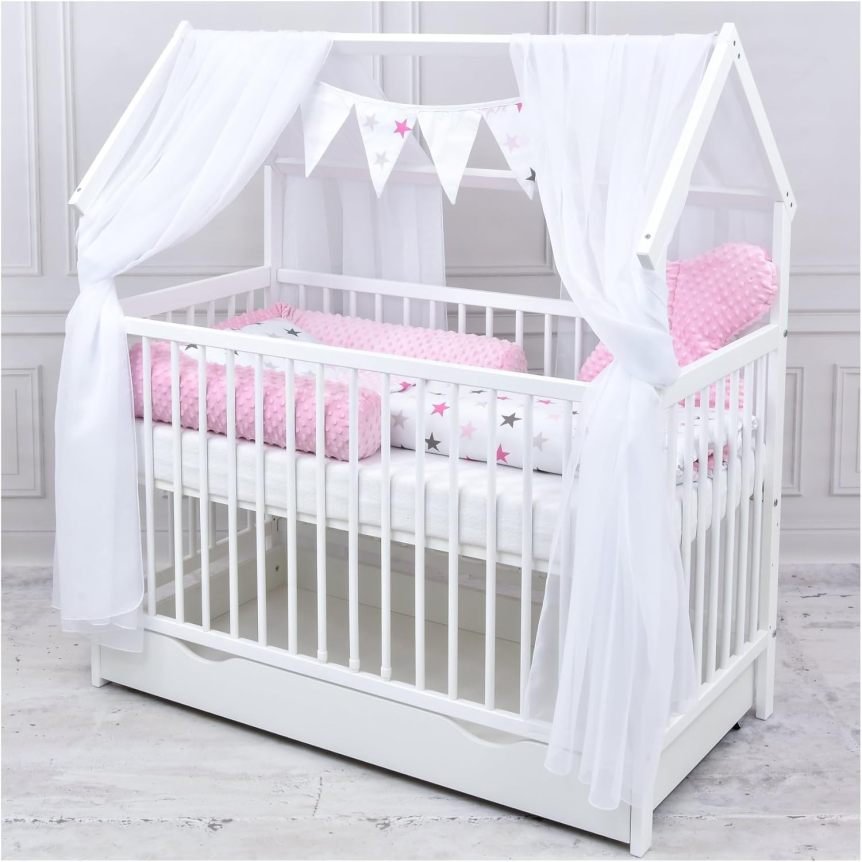 Baby Delux Conjunto de cama casita infantil 60 × 120 cm – Blanco, cajón, barrera anticaídas, colchón, ropa de cama y decoración Prince Stars