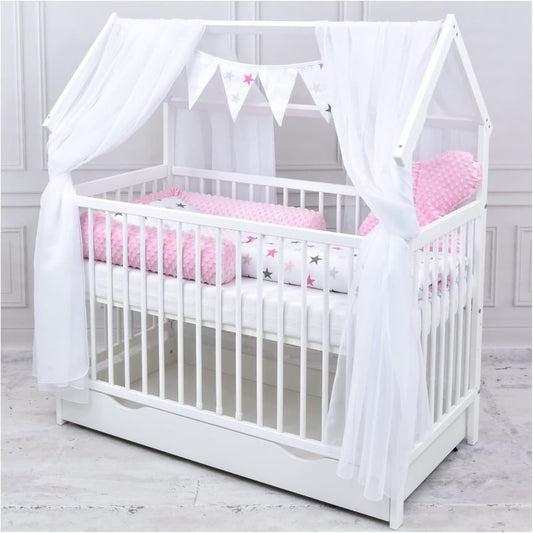 Baby Delux Conjunto de cama casita infantil 60 × 120 cm – Blanco, cajón, barrera anticaídas, colchón, ropa de cama y decoración Prince Stars
