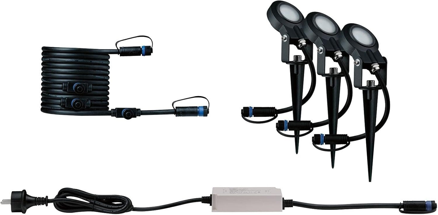 Paulmann 93696 Outdoor Plug & Shine – Kit básico 3 focos Sting IP67, 3000 K, 3 × 6 W