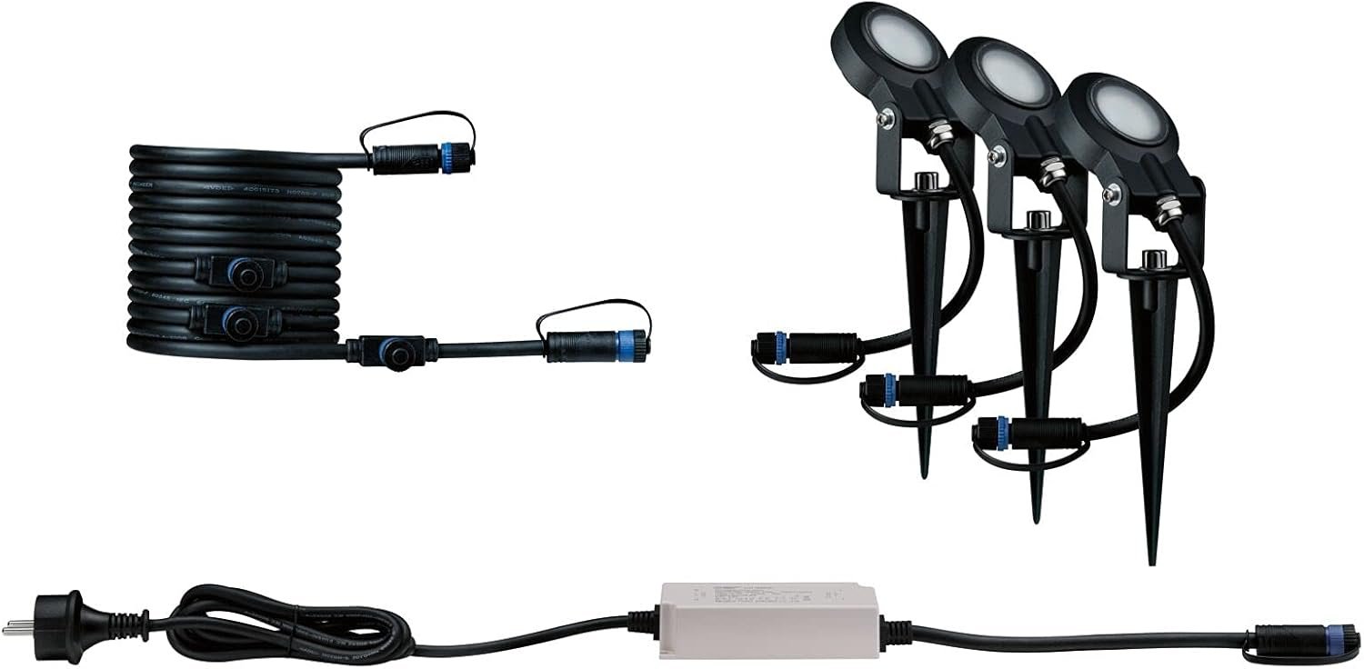 Paulmann 93696 Outdoor Plug & Shine – Kit básico 3 focos Sting IP67, 3000 K, 3 × 6 W