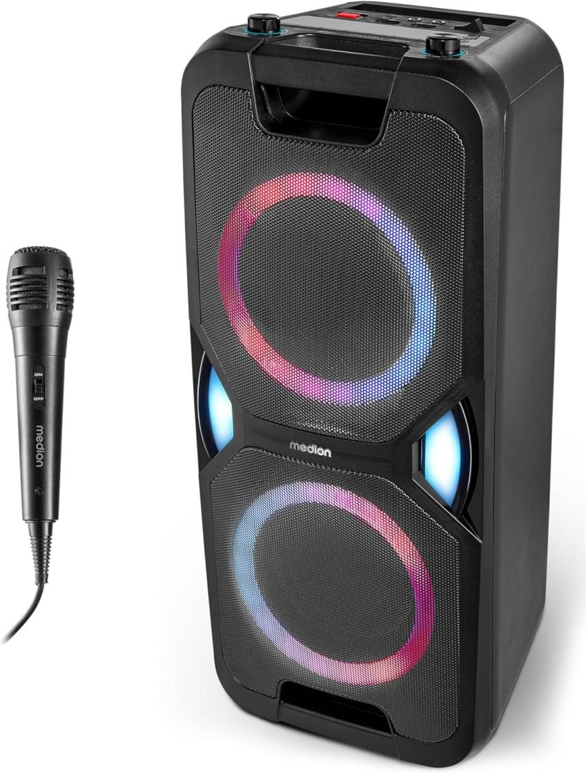 MEDION P61468 Sistema de audio para fiestas – Micrófono incluido, karaoke, batería, radio FM, Bluetooth 5.0, 2 × 220 W, LED de colores