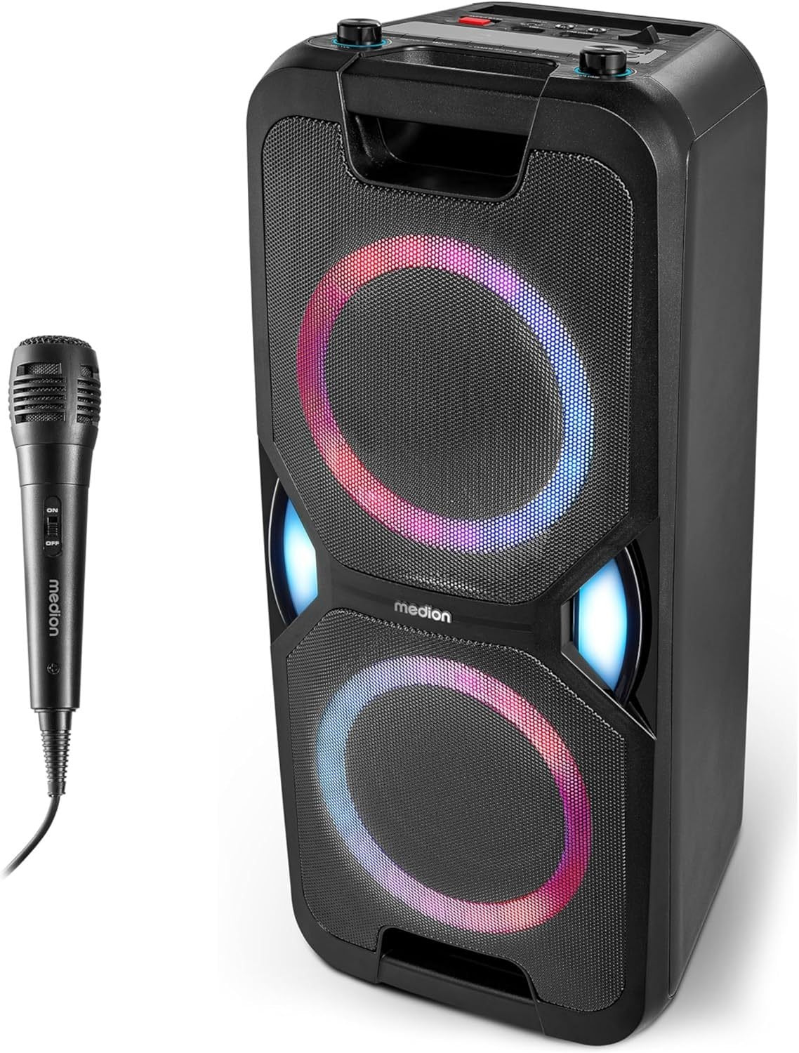 MEDION P61468 Sistema de audio para fiestas – Micrófono incluido, karaoke, batería, radio FM, Bluetooth 5.0, 2 × 220 W, LED de colores, USB, AUX,…