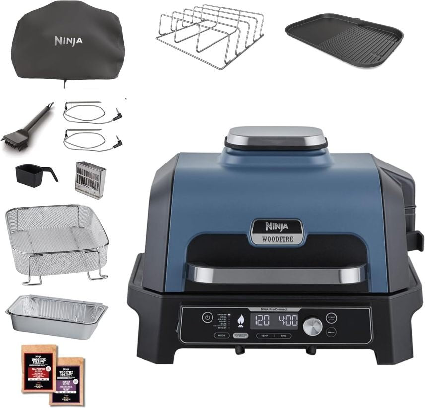 Ninja Woodfire Barbacoa eléctrica, ahumador y Airfryer 7 en 1 – Air Fry, ahumado, asado, horneado y más, resistente a la intemperie,…