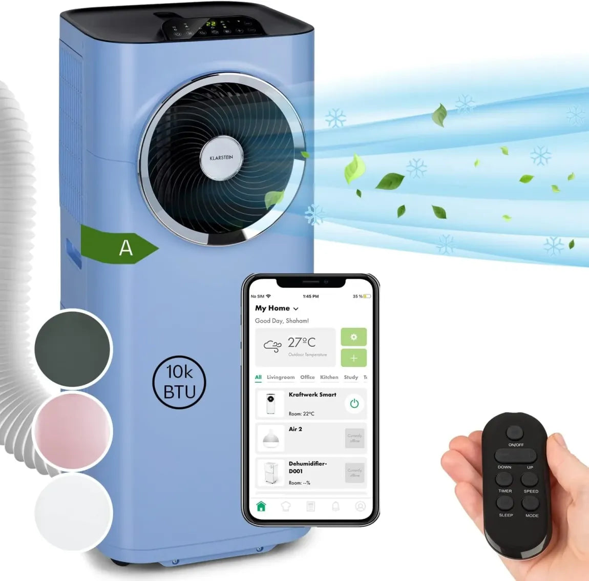 Klarstein Aire acondicionado portátil 5 en 1 con tubo de evacuación – Ventilador, deshumidificador, purificador de aire, modo noche, control…