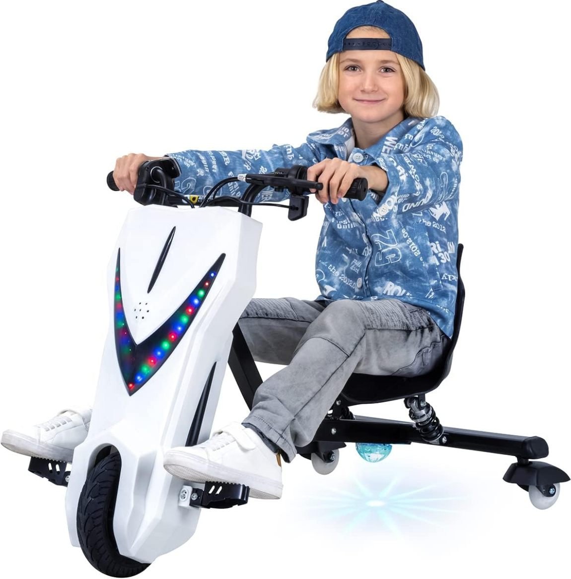 Actionbikes Motors Drift kart eléctrico infantil – Motor 250 W, drift 360°, 3 velocidades, LED, asiento regulable, Bluetooth, Space Purple