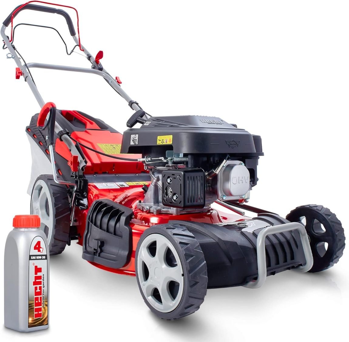 HECHT Cortacésped de gasolina 5 en 1 autopropulsado – Hasta 1000 m², motor de 4 tiempos, corte 46 cm, mulching, descarga lateral