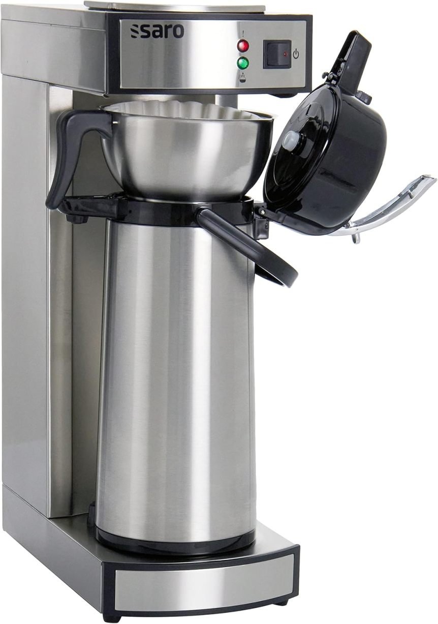 Saro Cafetera térmica profesional con filtro de cesta y termo – 2,2 L, aprox. 10 tazas, preparación y mantenimiento en caliente, plata