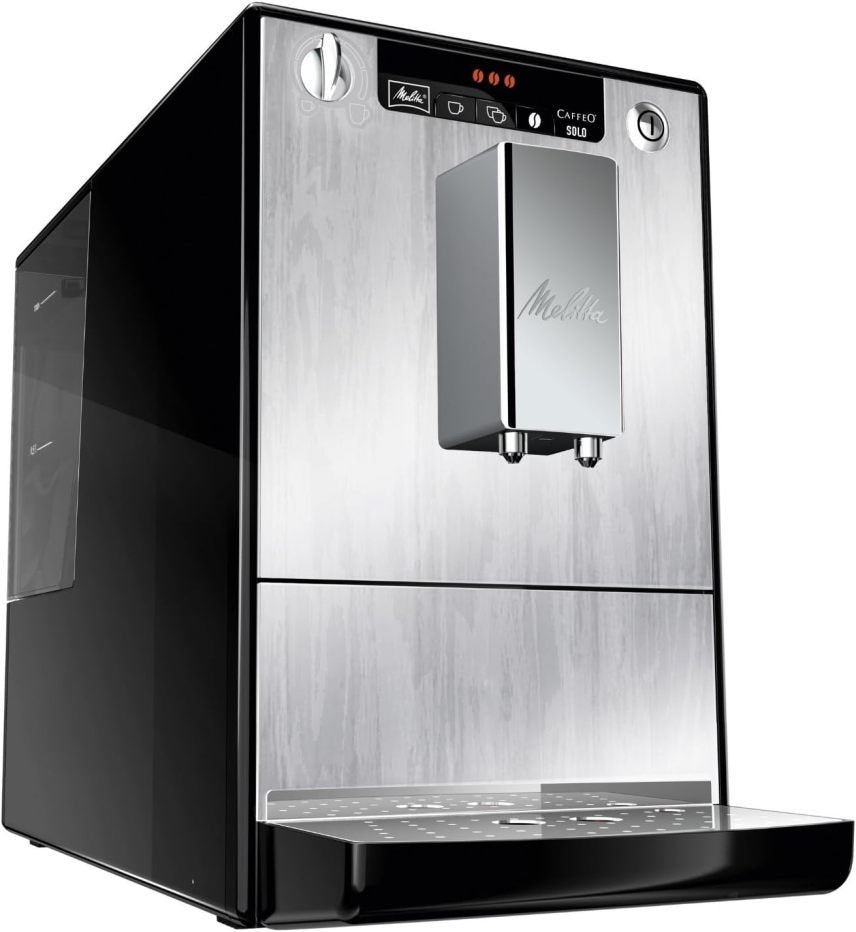 Melitta Solo Cafetera automática compacta – Boquilla regulable en altura, depósito extraíble, espresso y café crema, plateada