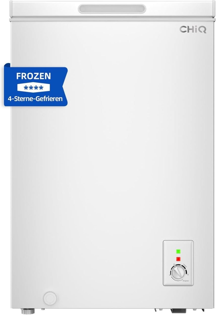 CHiQ FCF98DE Congelador arcón 99 L – 54,5 × 47,6 × 83,5 cm, 4 estrellas, termostato, cesta metálica, puerta suspendida, silencioso, blanco