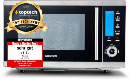 MEDION MD 15501 Microondas 4 en 1 con grill – 25 L, microondas 900 W, grill 1100 W, aire caliente 2500 W, 10 programas automáticos, plata