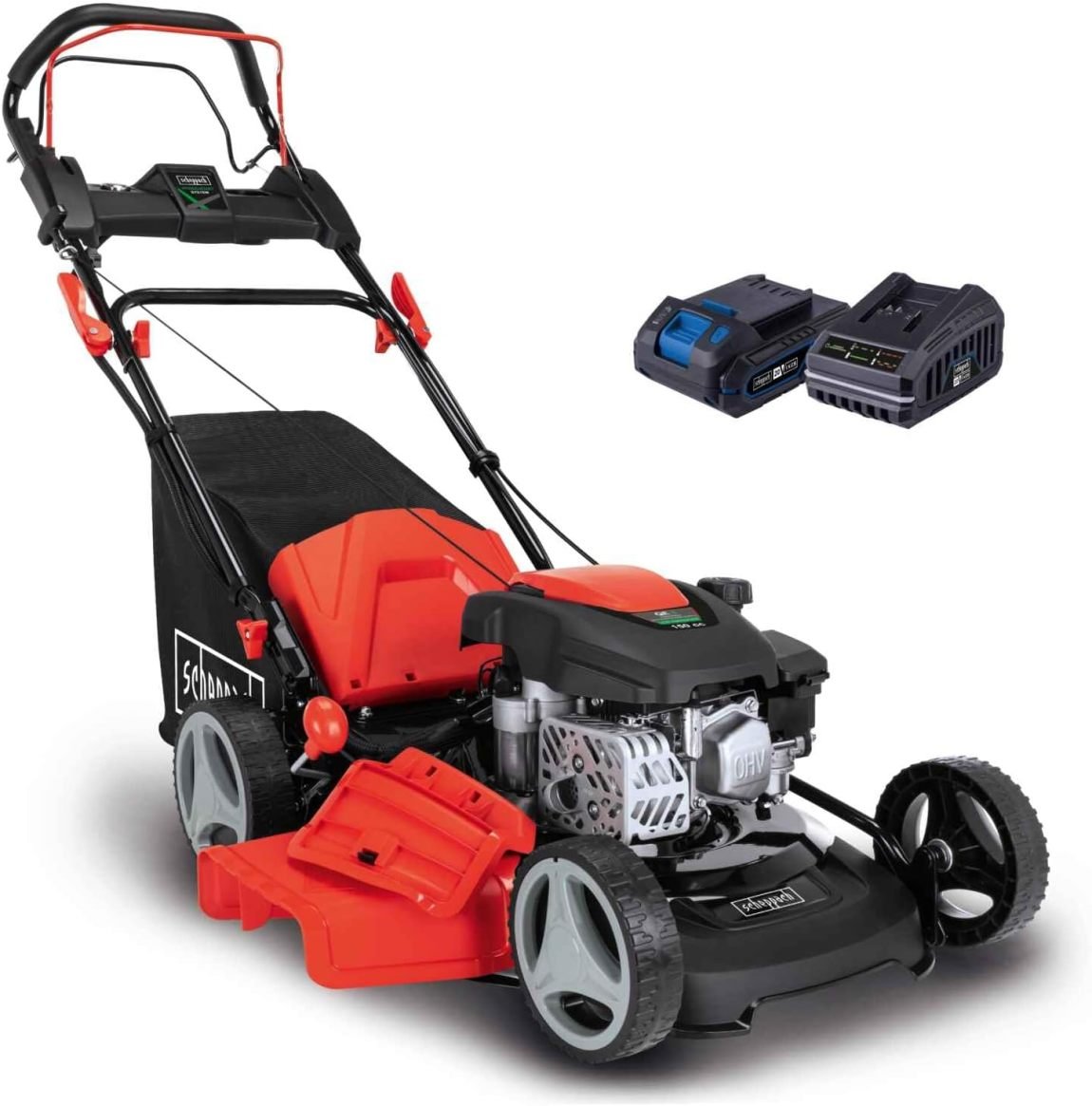 Scheppach MS150-46E Cortacésped de gasolina con arranque eléctrico – Corte 46 cm, bolsa 55 L, chasis de acero, 7 alturas, mulching, tracción,…