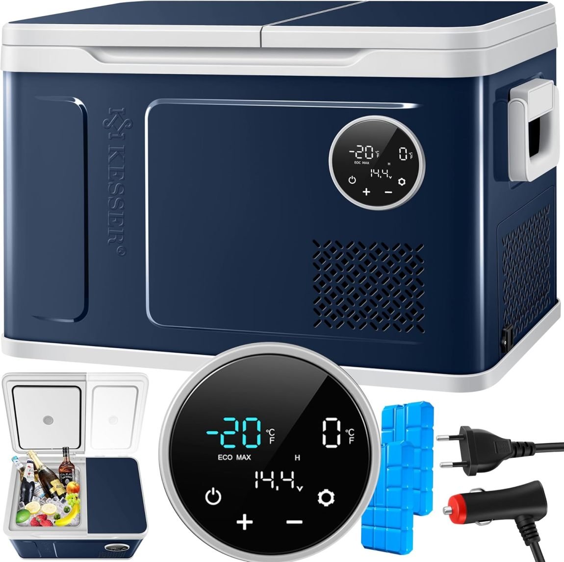 KESSER Nevera de compresor 2 en 1 doble zona refrigeración/congelación – 2 acumuladores de frío, controles táctiles LED, hasta -20 °C, 12/24 V y…