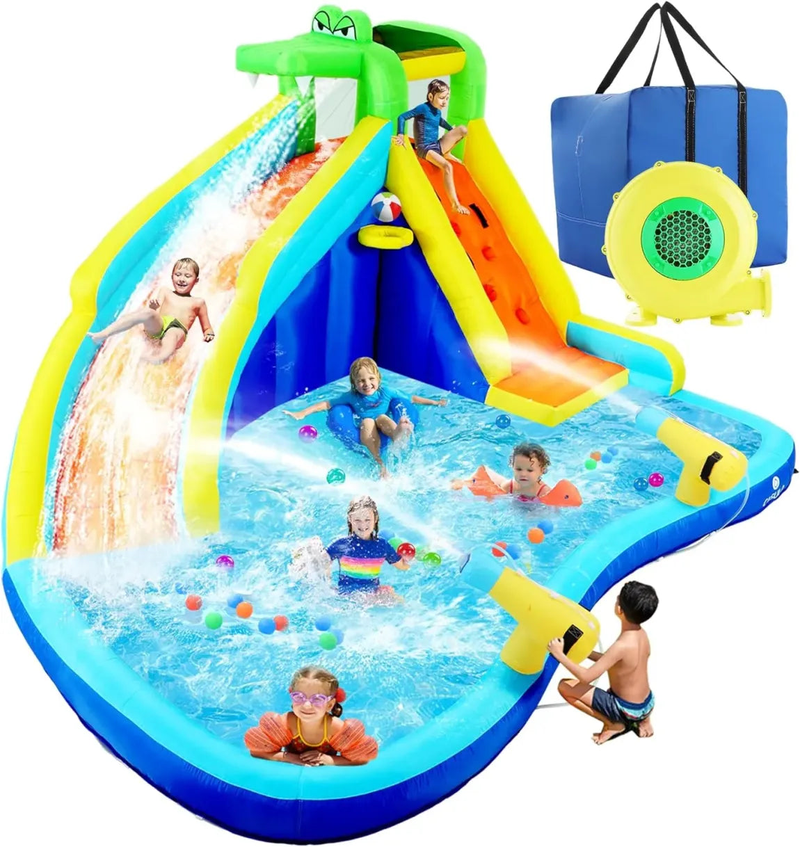 Parque acuático hinchable infantil 8 en 1 con soplador 450 W – Pared de escalada, piscina infantil, 2 cañones de agua, canasta de baloncesto,…