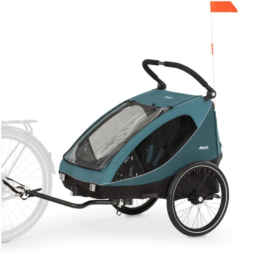 Hauck Dryk Duo Plus Remolque de bicicleta y cochecito con suspensión para 2 niños de 6 a 48 meses, barra, rueda de paseo, bandera y LED incluidos,…