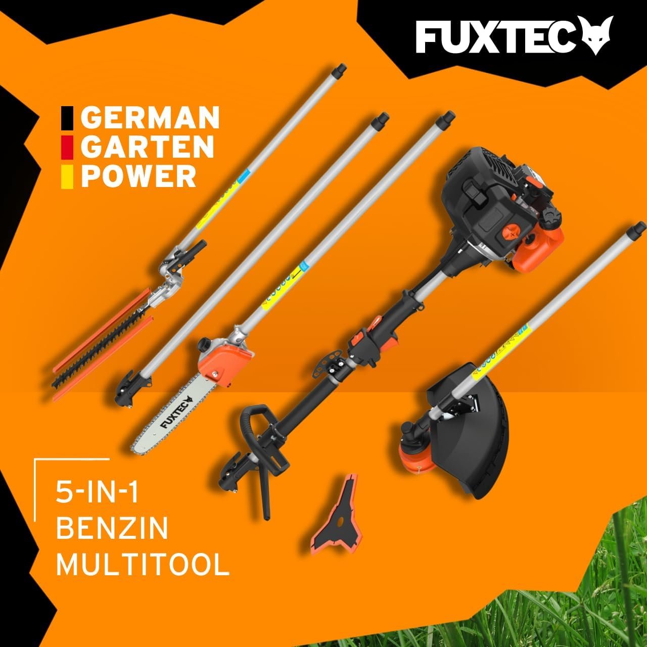 FUXTEC Desbrozadora de gasolina FX-MT152E Multitool 5 en 1 – 52 cm³, 3 CV, arnés profesional, extensión 1 m, cortasetos, podadora y cortabordes