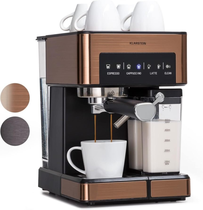 Klarstein Cafetera espresso con portafiltro y espumador de leche – 1,8 L, 20 bar, inox, depósito de leche 0,5 L, 1350 W, café molido