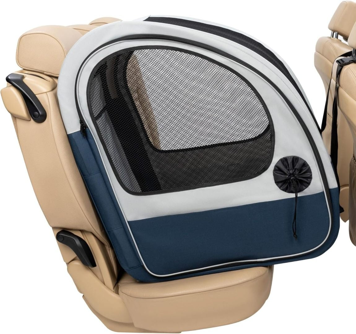 PetSafe Happy Ride Transportín plegable para perros – Asiento trasero del coche, puertas de malla ventiladas, azul/gris