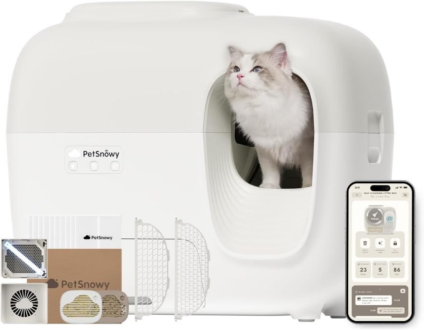 PetSnowy Arenero autolimpiable para gatos con control de olores TiO2, aplicación, embolsado automático, para gatos grandes y hogares con varios…