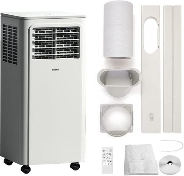 SHINCO Aire acondicionado portátil con tubo 9000 BTU / 2,6 kW – Refrigera, ventila y deshumidifica, modo sueño, hasta 22 m², temporizador 24 h