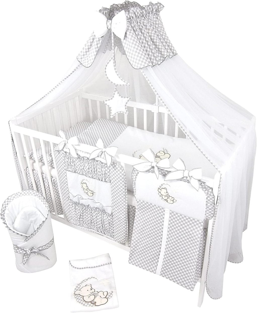 Bello24 Conjunto cuna bebé 16 piezas Happy Leo – Cuna, ropa de cama y colchón, altura regulable, madera maciza, gris diseño oso/luna