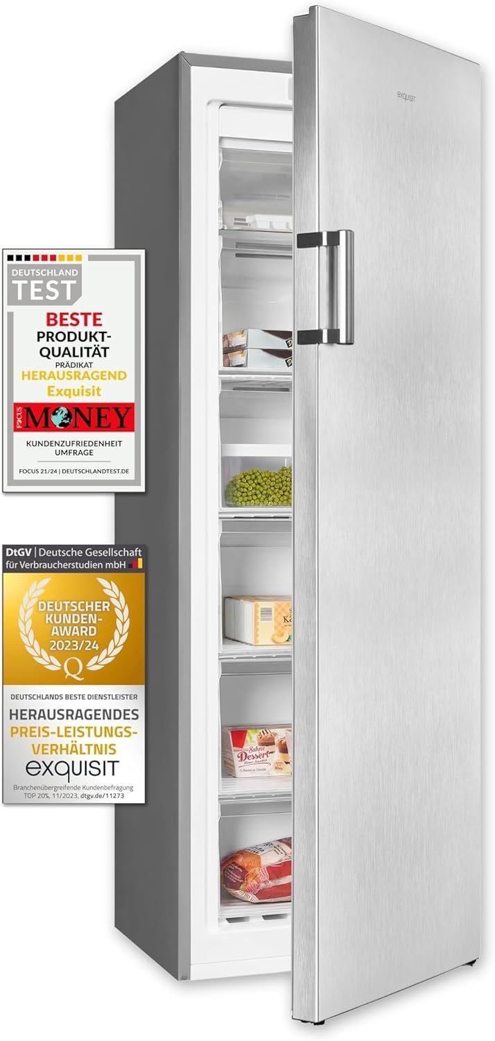 Exquisit GS271-NF-H-010E Congelador vertical 194 L acabado inox – NoFrost, 5 cajones, congelación rápida