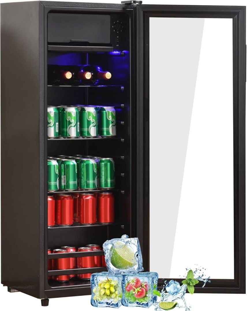 Merax Frigorífico 128 L de libre instalación – 120 L frigorífico + 8 L congelador, iluminación LED interior, estantes regulables