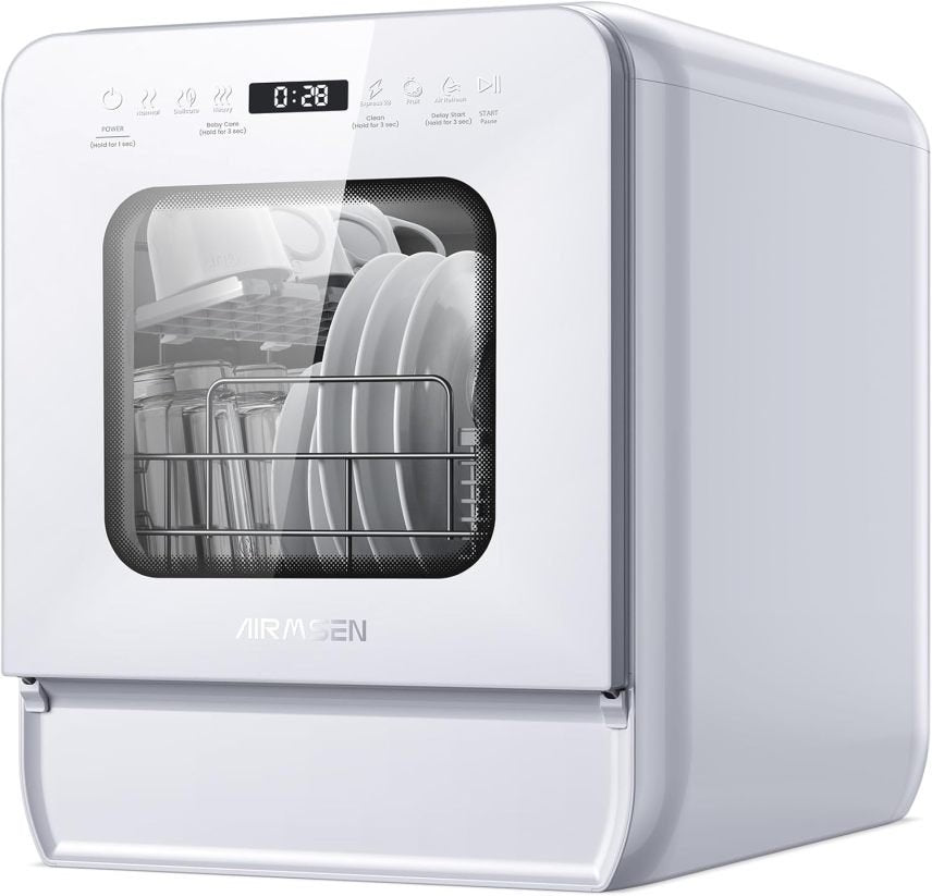 AIRMSEN Mini lavavajillas de sobremesa con depósito de agua y abrillantador, 9 programas, 37 × 50 cm, formato ultraestrecho, temporizador 1-24 h,…