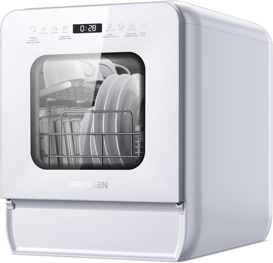 AIRMSEN Mini lavavajillas de sobremesa con depósito de agua y abrillantador, 9 programas, 37 × 50 cm, formato ultraestrecho, temporizador 1-24 h,…