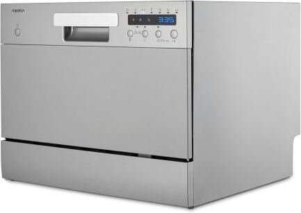 MEDION DWT60 Mini lavavajillas de sobremesa – 6 cubiertos, 7 programas, Eco, aprox. 6,5 L, AquaStop, pantalla LED, seguridad infantil, MD37496, plata