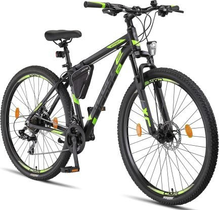 Licorne Bike Effect Premium BTT de aluminio 29″ – 21 velocidades, doble freno de disco, negro/lima