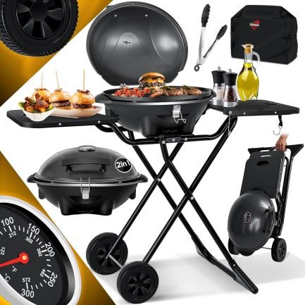 KESSER Barbacoa eléctrica 2 en 1 de sobremesa/de pie – Hasta 2400 W, plegable, termostato, revestimiento antiadherente, plancha, bandejas y 2 ruedas