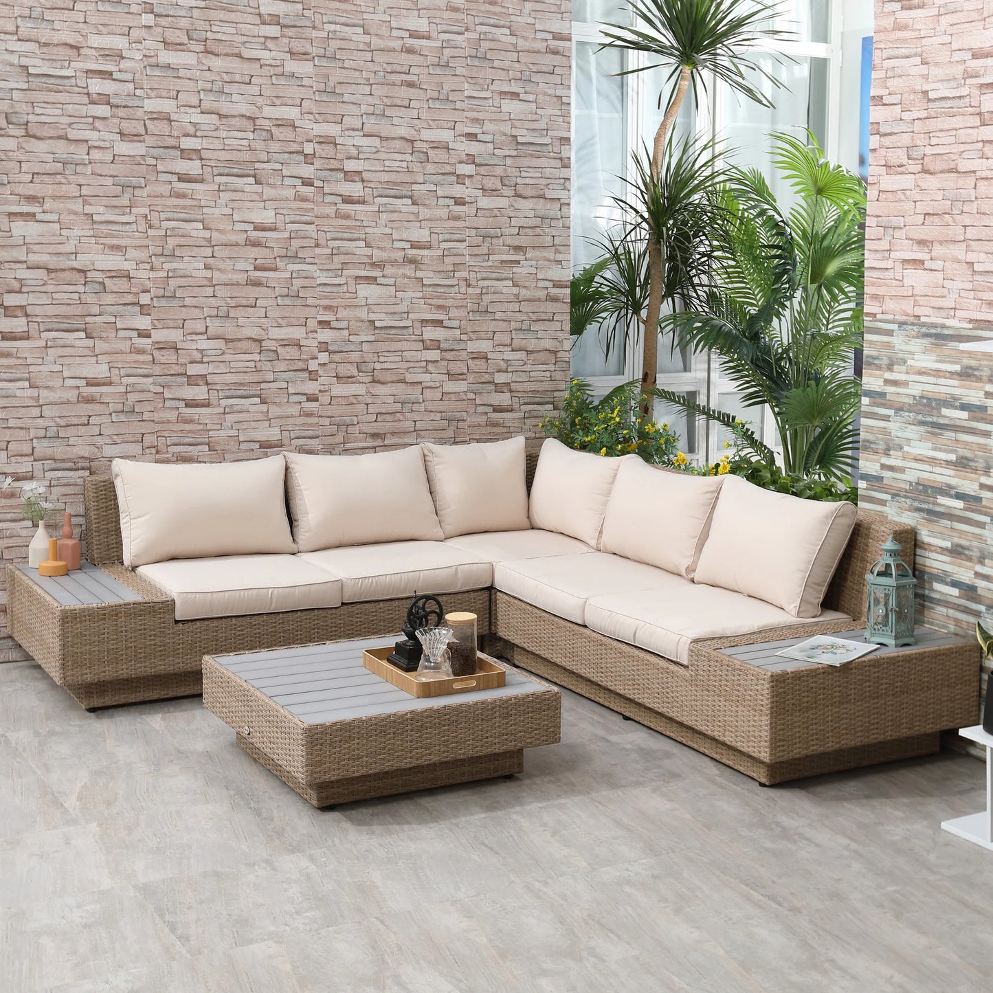 Outsunny Conjunto de jardín de 4 piezas en ratán sintético con estante, resistente a la intemperie