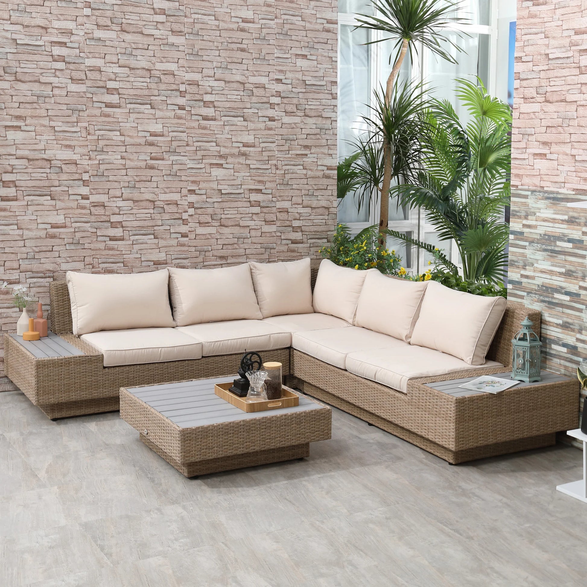 Outsunny Conjunto de jardín de 4 piezas en ratán sintético con estante, resistente a la intemperie