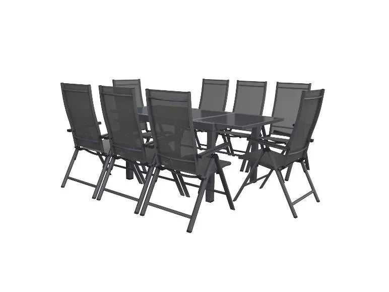 Conjunto de jardín Houston de aluminio 9 piezas – Mesa extensible y 8 sillones de respaldo alto, gris