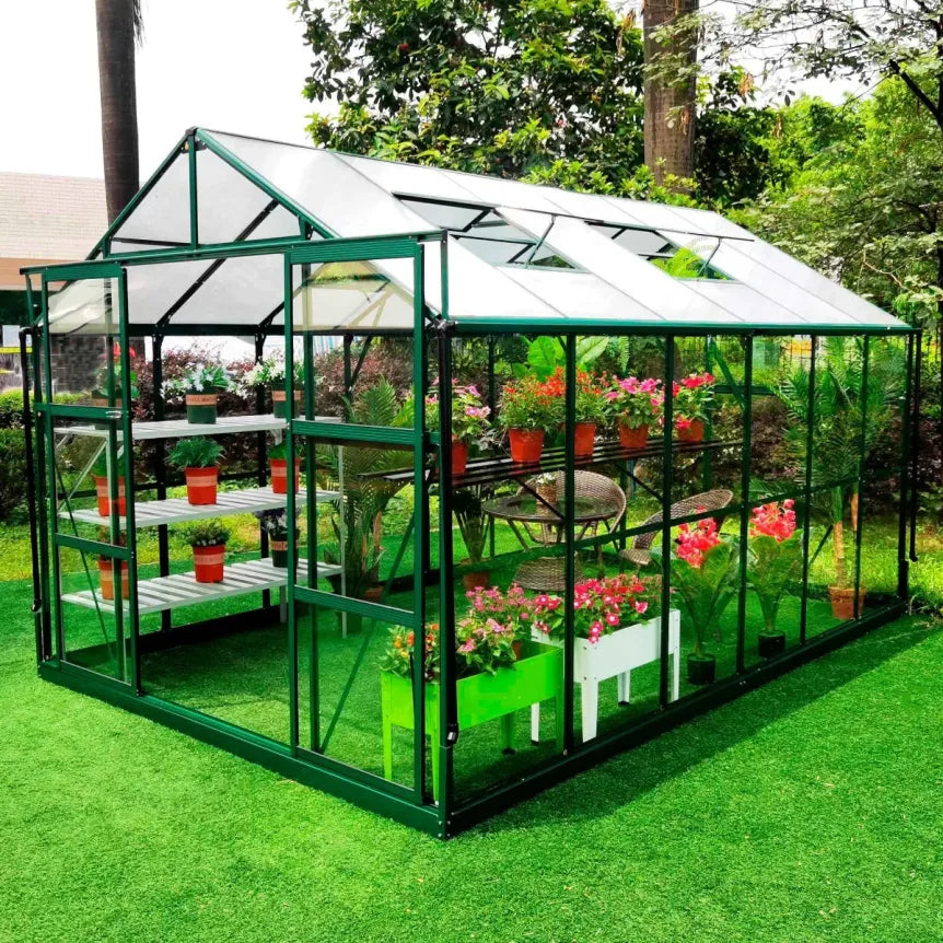 Metalcraft Invernadero de jardín 9,6 m², vidrio de seguridad 4 mm, verde