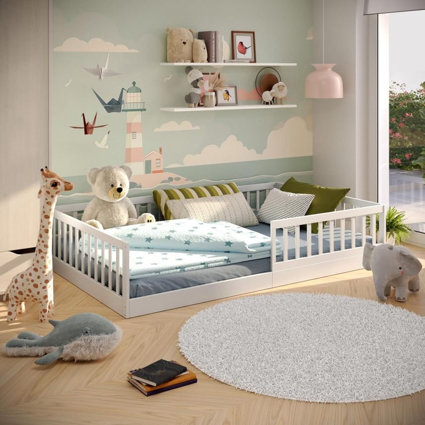 CADANI Timi Cama Montessori a ras de suelo 2 en 1 140 × 200 cm – Cama infantil de pino macizo con barrera anticaídas extraíble y somier de…