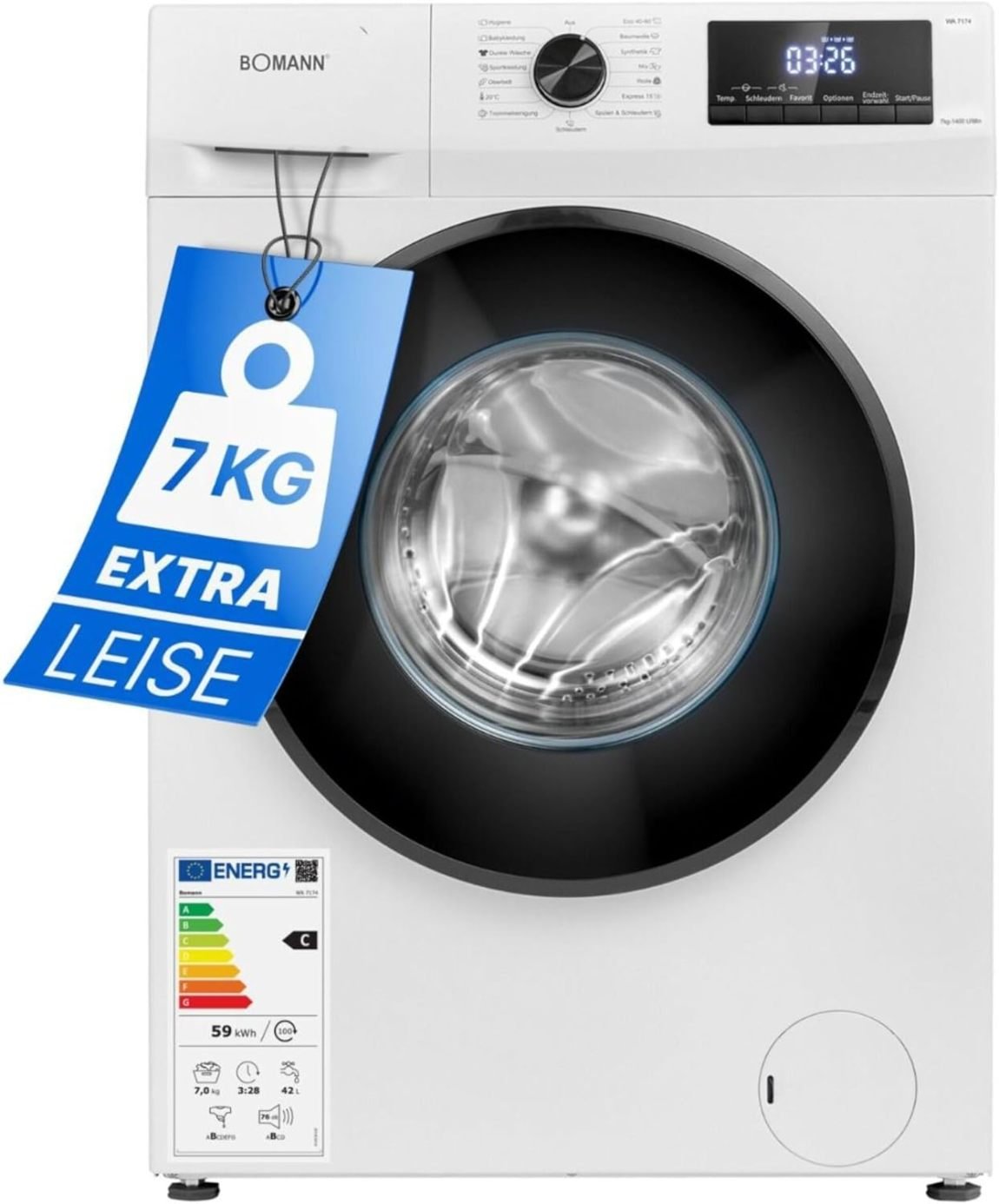 Bomann Lavadora 7 kg, 1400 rpm – Garantía del motor 10 años, inverter silencioso y duradero, 15 programas, inicio diferido, pantalla LED, WA 7175…