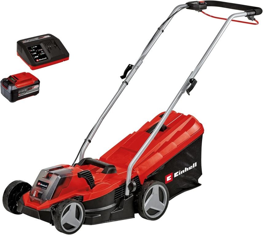 Einhell GE-CM 18/33 Li Kit Power X-Change Cortacésped inalámbrico 18 V – Anchura de corte 33 cm, hasta 200 m², motor sin escobillas, cesta 30 L,…