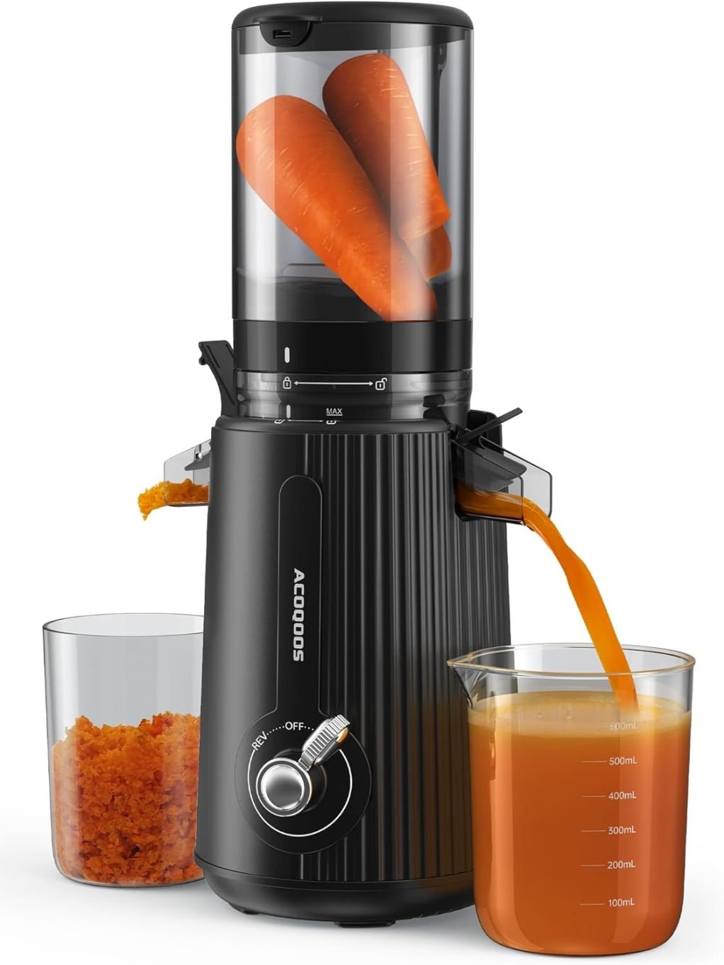 ACOQOOS Extractor de zumo lento para frutas y verduras, gran abertura 110 mm, fácil de limpiar, 2 recipientes, negro