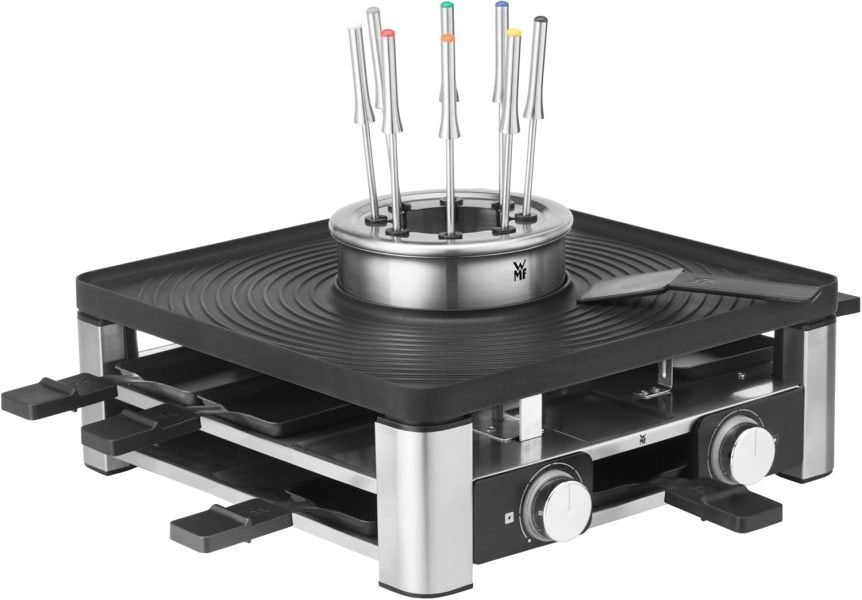 WMF Lumero Estación Gourmet 3 en 1 para 8 personas – Raclette y fondue, temperatura regulable, iluminación, 1800 W, inox mate