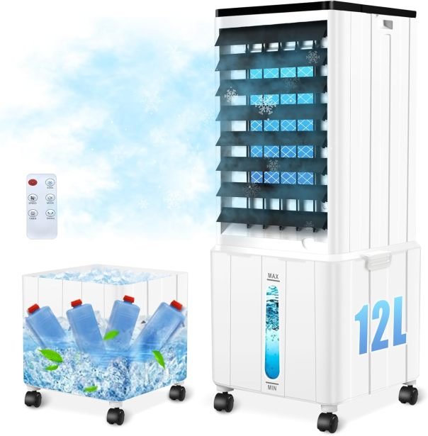Climatizador evaporativo sin tubo 12 L 60 W – Temporizador 12 h, 3 modos, 40 dB, oscilación 120°, depósito extraíble, mando a distancia, silencioso