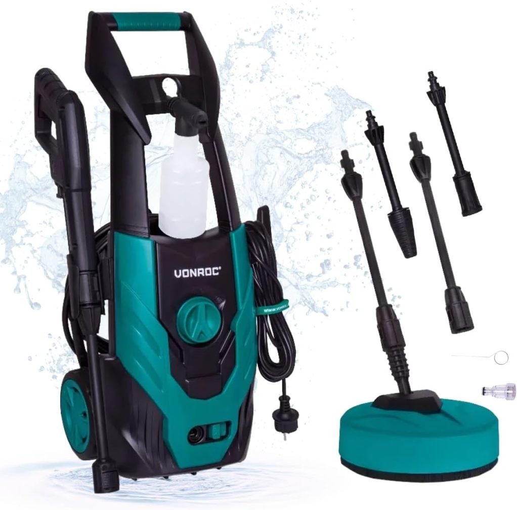 VONROC Hidrolimpiadora profesional 195 bar – 2500 W, caudal 468 L/h, depósito de detergente, bomba de aluminio, limpiador de terrazas incluido