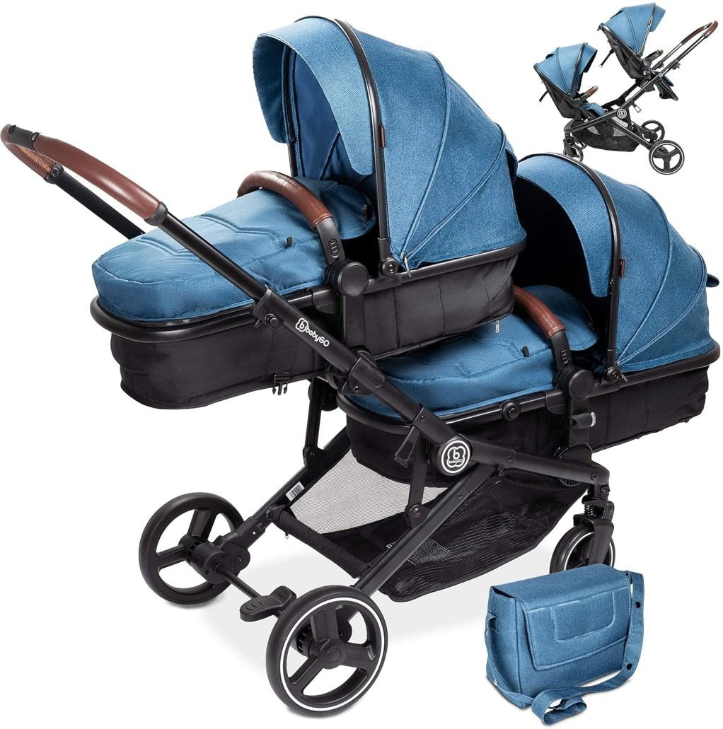 babyGO Cochecito doble 3 en 1 para gemelos/hermanos – Para 2 niños con numerosos accesorios, azul jaspeado, sin portabebés de coche