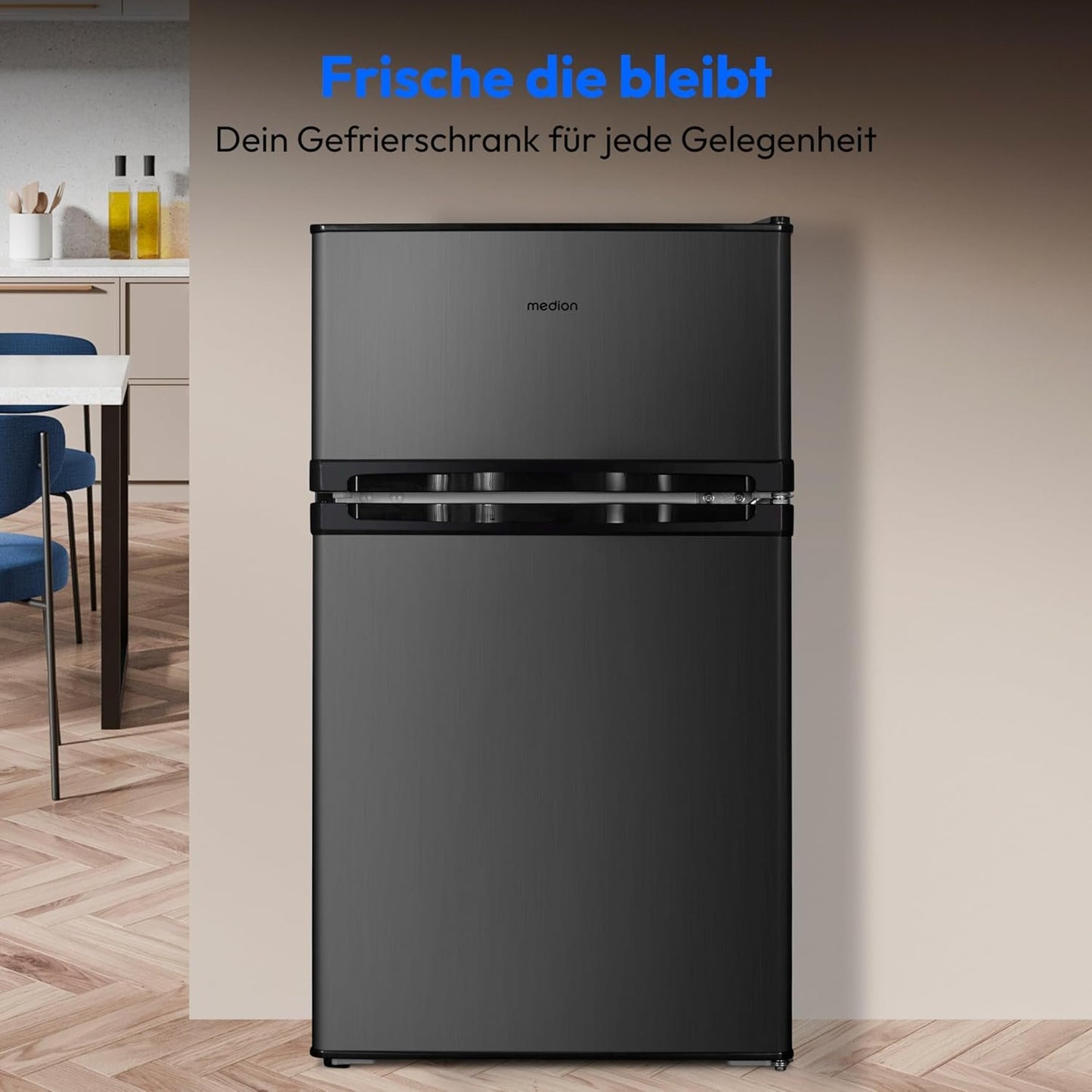 MEDION Mini frigorífico-congelador 85 L – Frigorífico 61 L, congelador 24 L, libre instalación, 40 dB, cajón transparente para verduras, puerta…