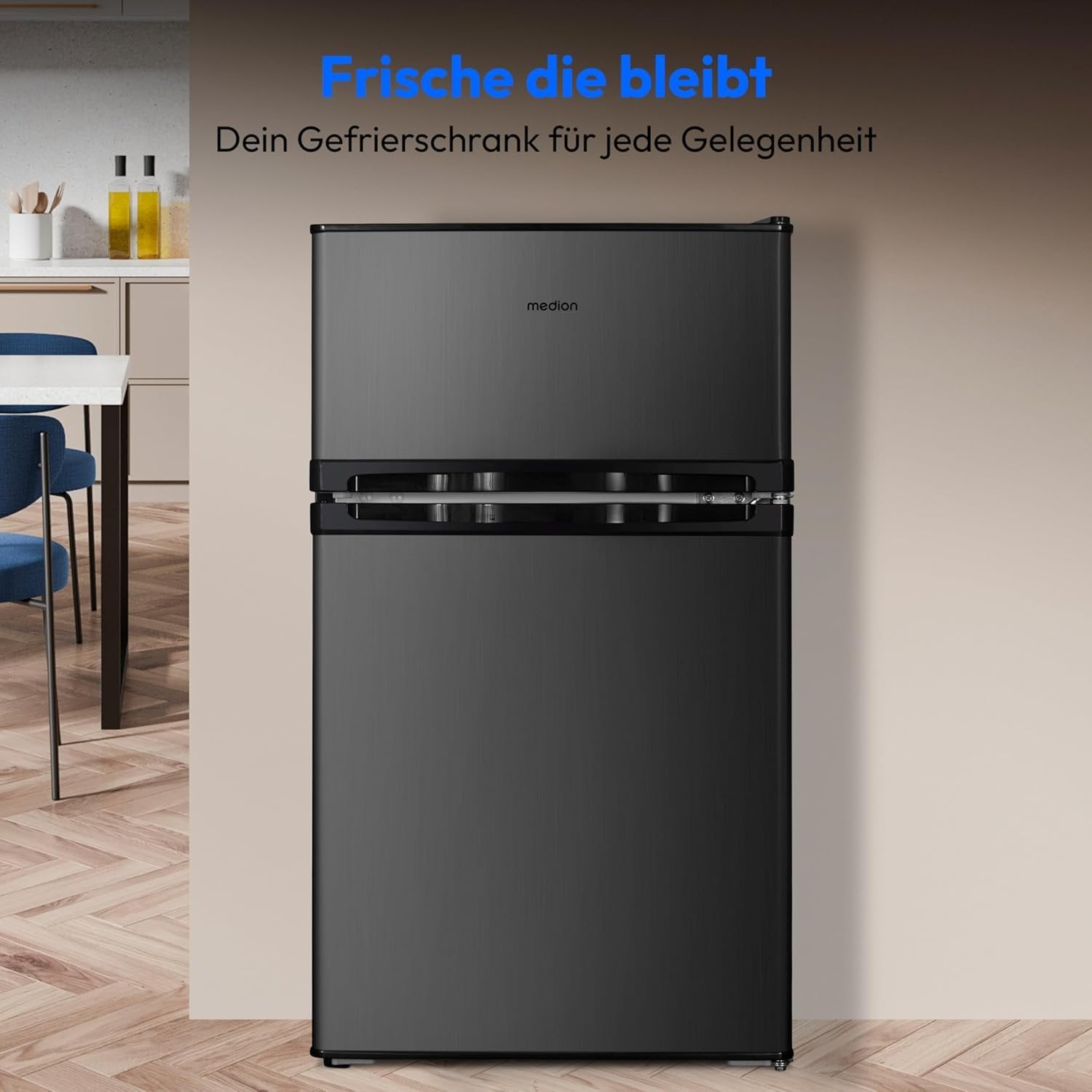 MEDION Mini frigorífico-congelador 85 L – Frigorífico 61 L, congelador 24 L, libre instalación, 40 dB, cajón transparente para verduras, puerta…