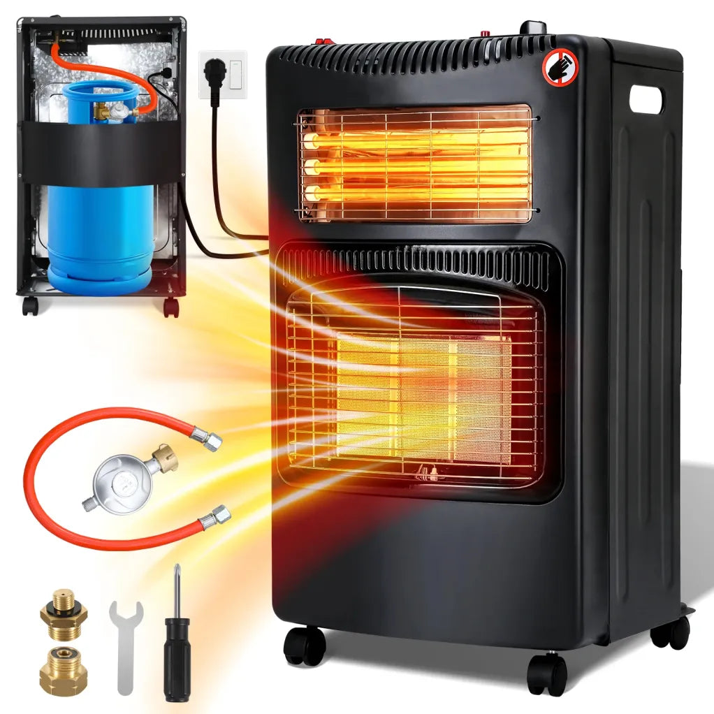 Sonnewelt Calefactor de gas/eléctrico 4200 W + 1260 W – Con regulador, manguera de gas y adaptador de bombona