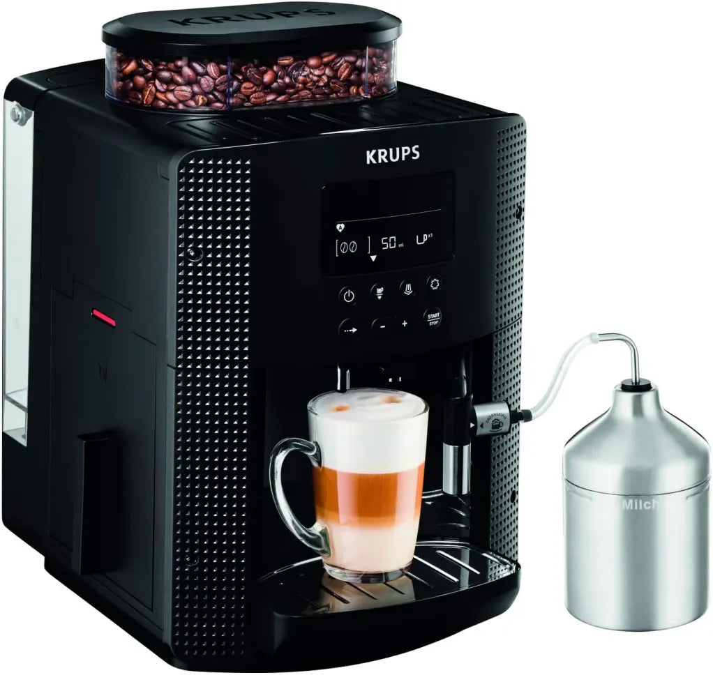 Krups Essential EA816031 Cafetera automática – Tubo de leche, función 2 tazas, pantalla LCD, limpieza fácil, certificada TÜV, negro