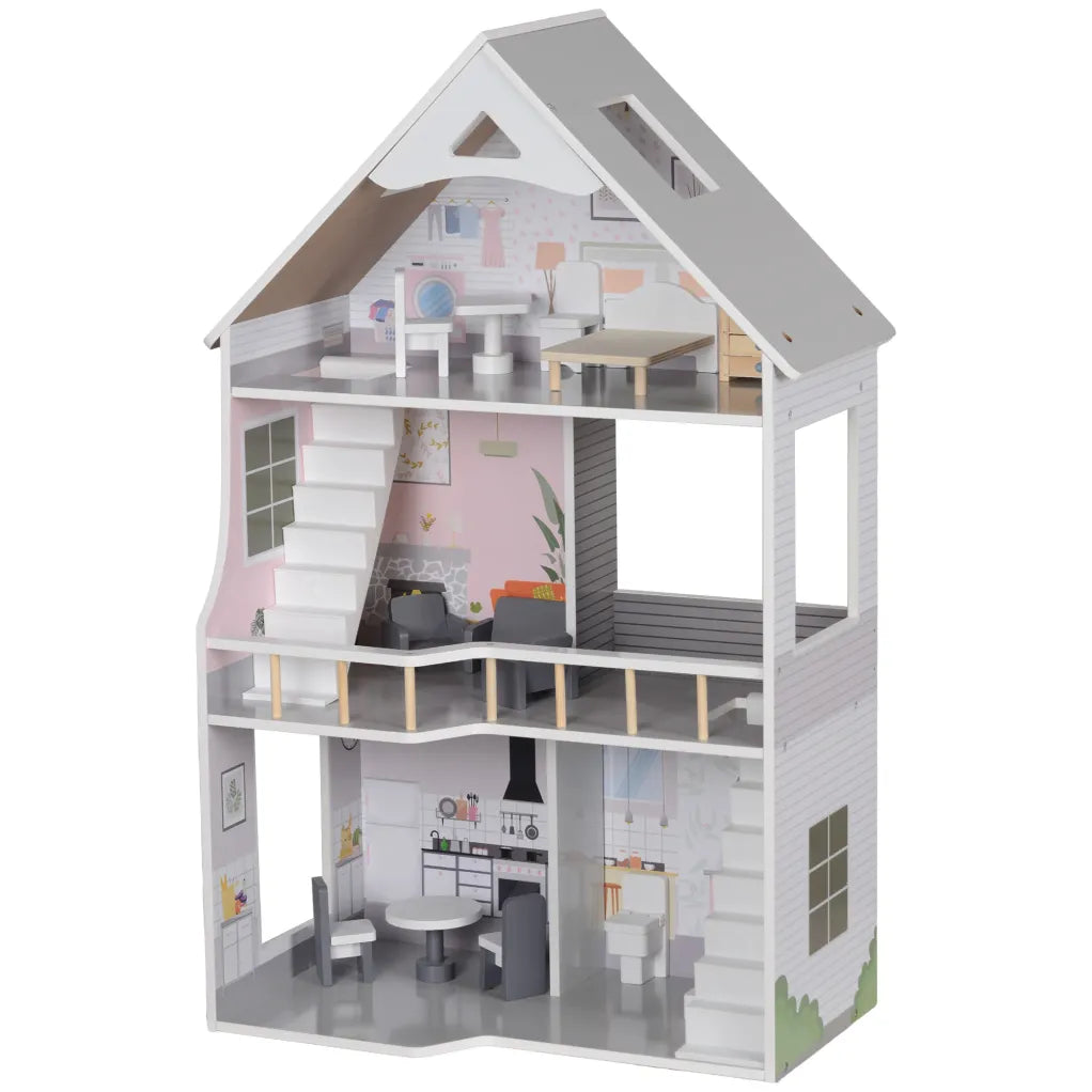 AIYAPLAY Casa de muñecas de madera de 3 plantas con 13 muebles – Juego abierto