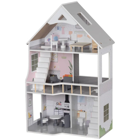 AIYAPLAY Casa de muñecas de madera de 3 plantas con 13 muebles – Juego abierto