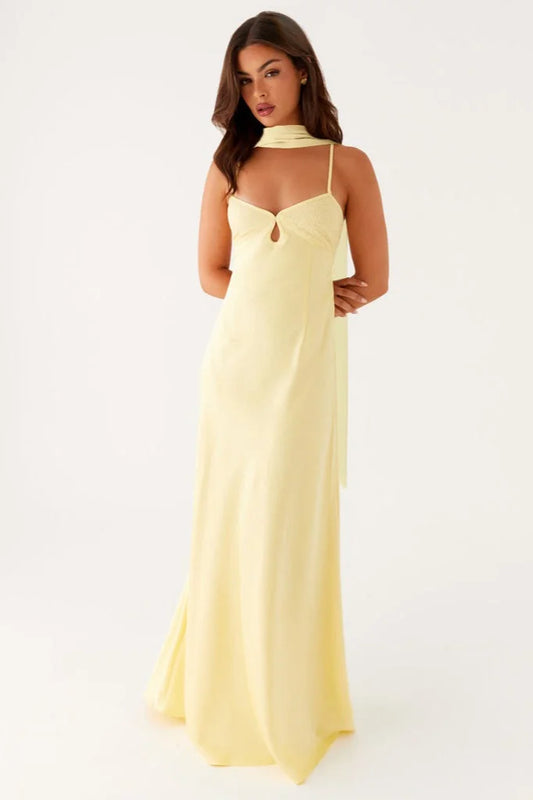 Vestido de Satén Escote en V y Espalda Anudada